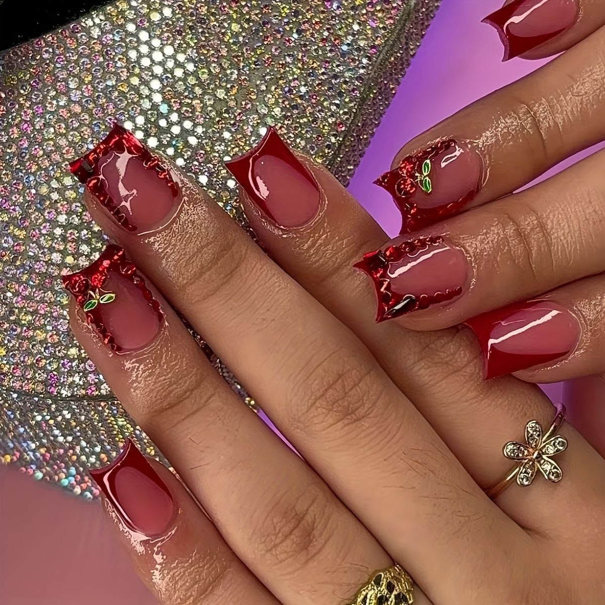 Nail Art Red Cherry - 24 Uds uñas postizas terminadas francés